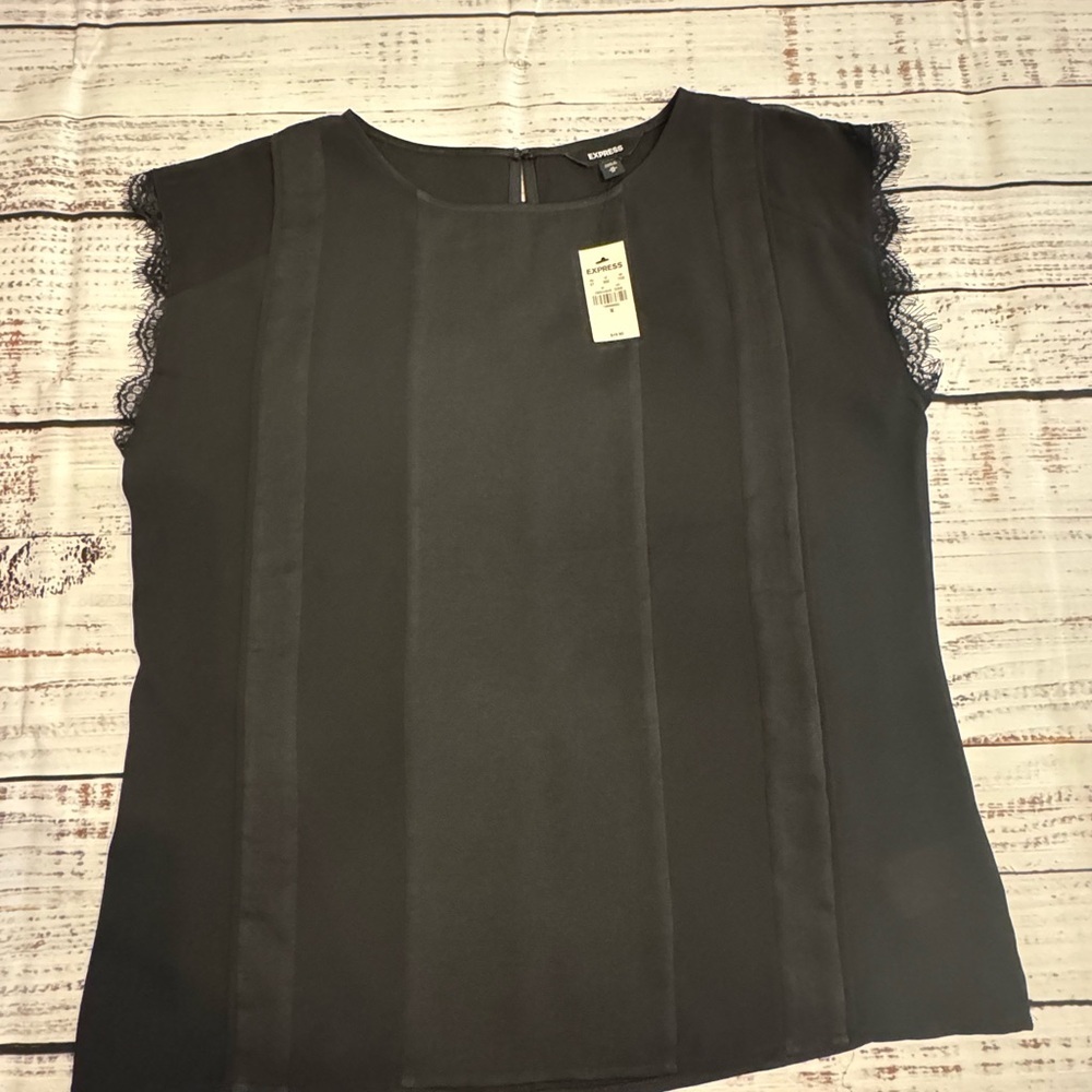 Express Black Satin Blouse with Lace Sleeves